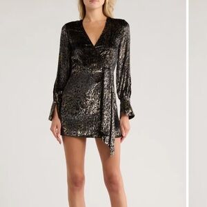 Simkhai Camryn Long Sleeve Faux Wrap Mini Dress Black and Gold Foil Size 2 NEW